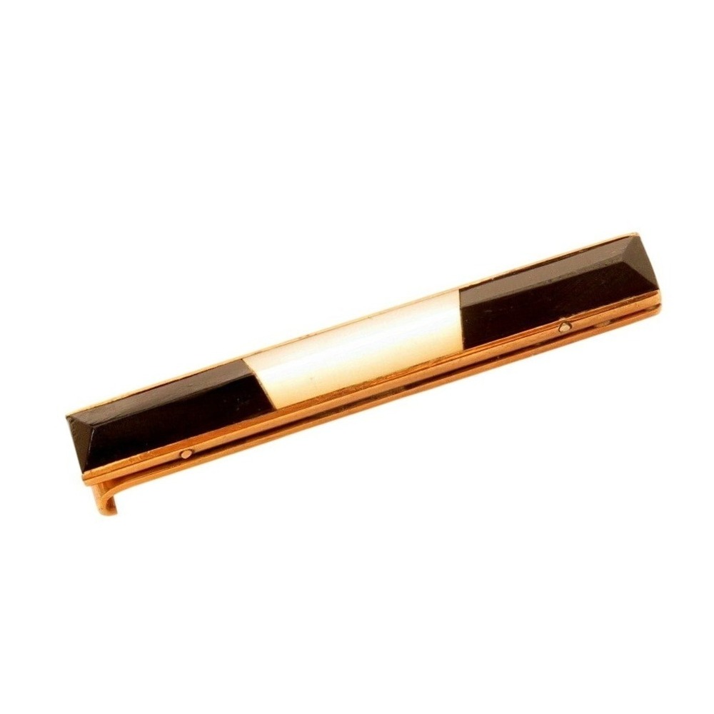 SIGNED AUSTRIA‎ VINTAGE BLACK & WHITE INLAY GOLD TIE CLIP CLASP MEN'S JEWELRY